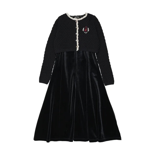 maxi dress velour jumper with crest knit cardigan - navy