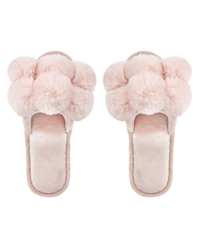 MeMoi slippers, plush pompom slippers, open toe house shoes, blush pink slippers, cozy glam slippers, fuzzy slippers for women, stylish loungewear slippers, whimsical pompom shoes, luxe plush slippers, giftable women’s slippers