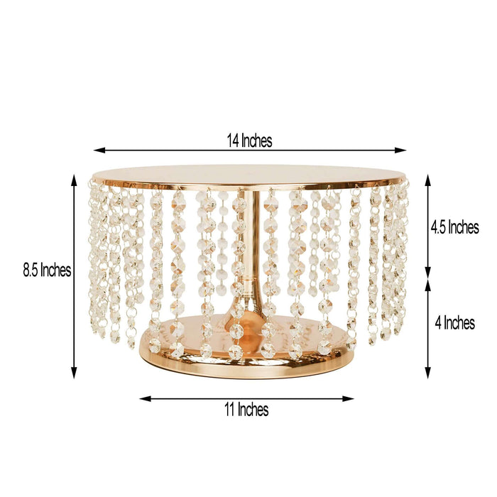 Gold cake stand with crystal beads, 14x4x8.5 inches dimensions.