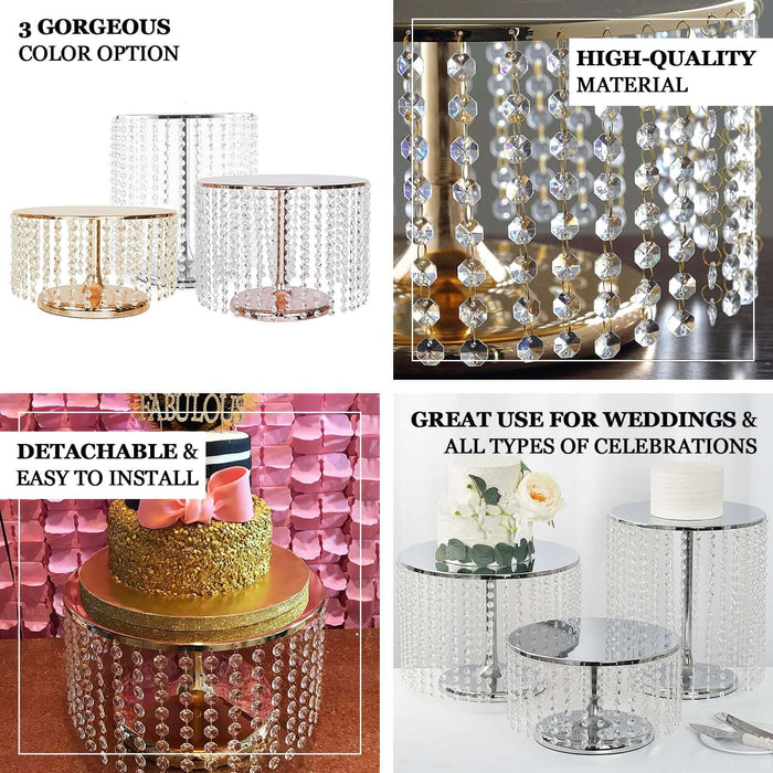 Elegant crystal side tables in three colors, perfect for weddings and celebrations.