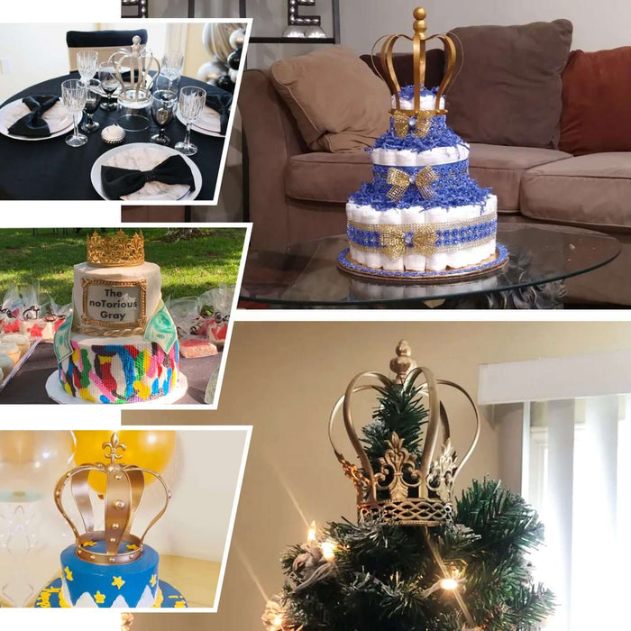 Various decorative cakes featuring crowns in diverse settings and designs.