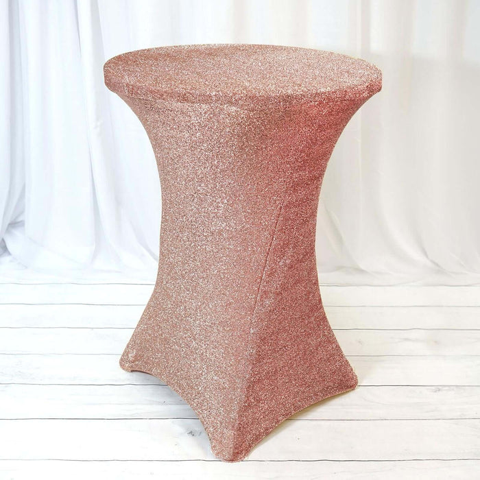Rose gold sequin table cover on a round cocktail table