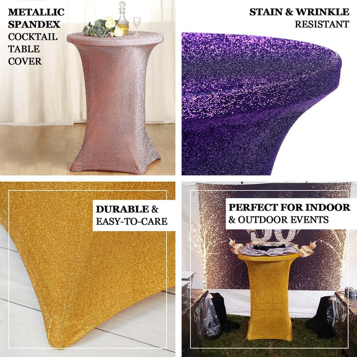 Metallic spandex cocktail table covers in various colors, durable and wrinkle resistant.