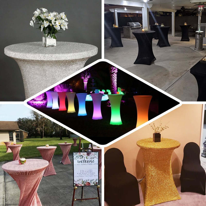 Various table covers in glitter and solid colors for events and parties.
