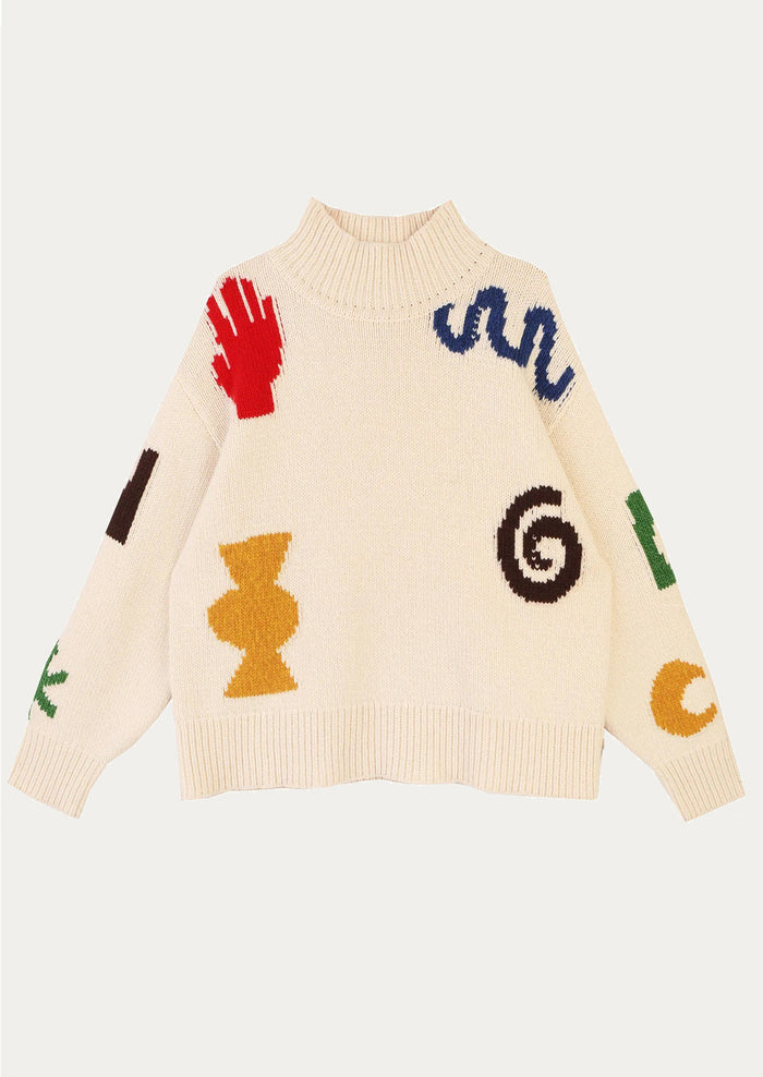 Beige sweater with colorful abstract patterns on a white background