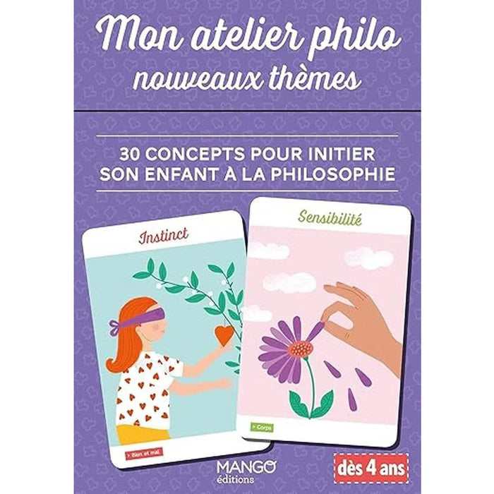 Livre 'Mon atelier philo nouveaux thèmes' avec 30 concepts pour initier les enfants à la philosophie dès 4 ans, illustré avec cartes et activités ludiques.