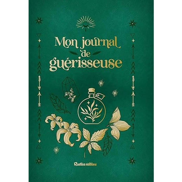 Mon journal de guérisseuse en cuir/luxe avec couverture verte ornée de motifs dorés inspirés de la nature. Un carnet idéal pour organiser son année avec magie.