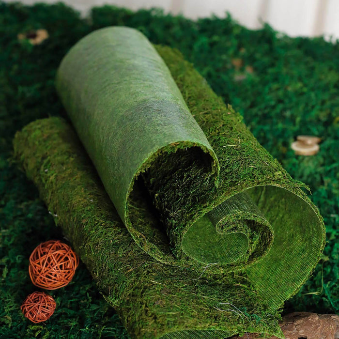 Green moss roll on a textured surface with decorative orbs.