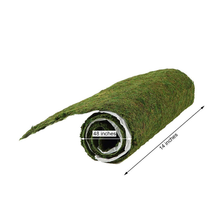 Green artificial grass roll, 48 inches by 14 inches, showcasing texture and flexibility.