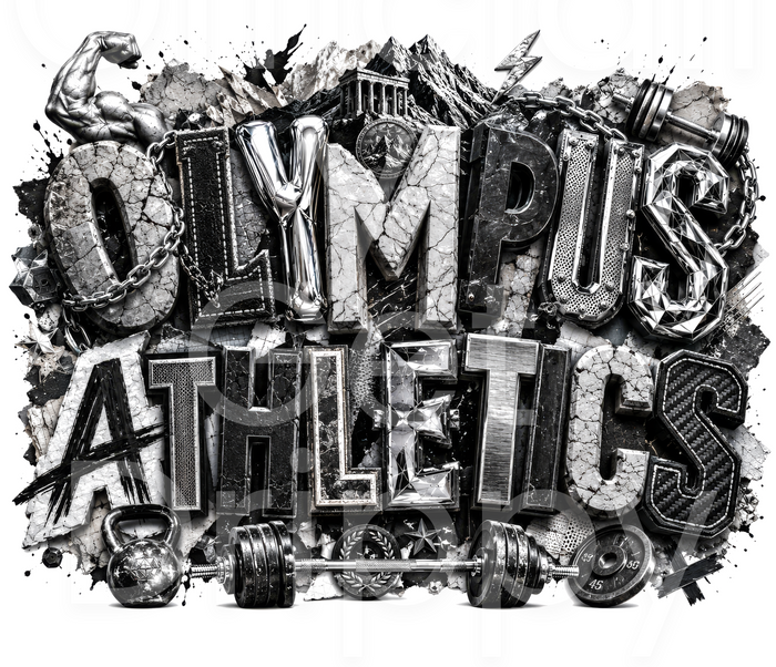 Black and white graphic design featuring the words 'OLYMPus ATHLETICS' in a bold, textured, graffiti-style font, surrounded by gym equipment like a barbell, kettlebell, dumbbell, and weights.