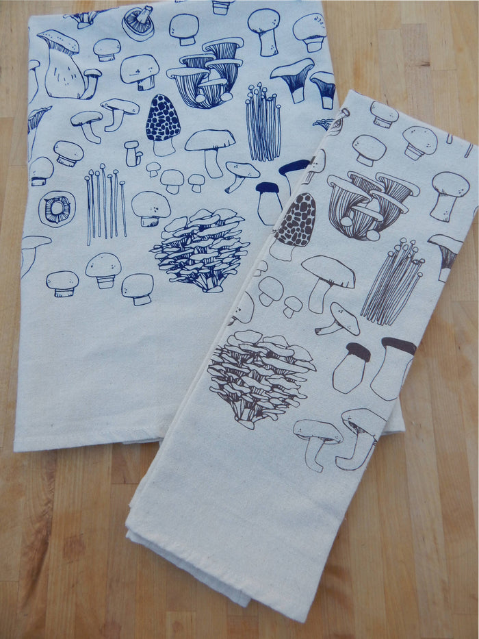 Mushroom Tea Towel, Handprinted Kitchen Towel, Mushrooms: Taupe