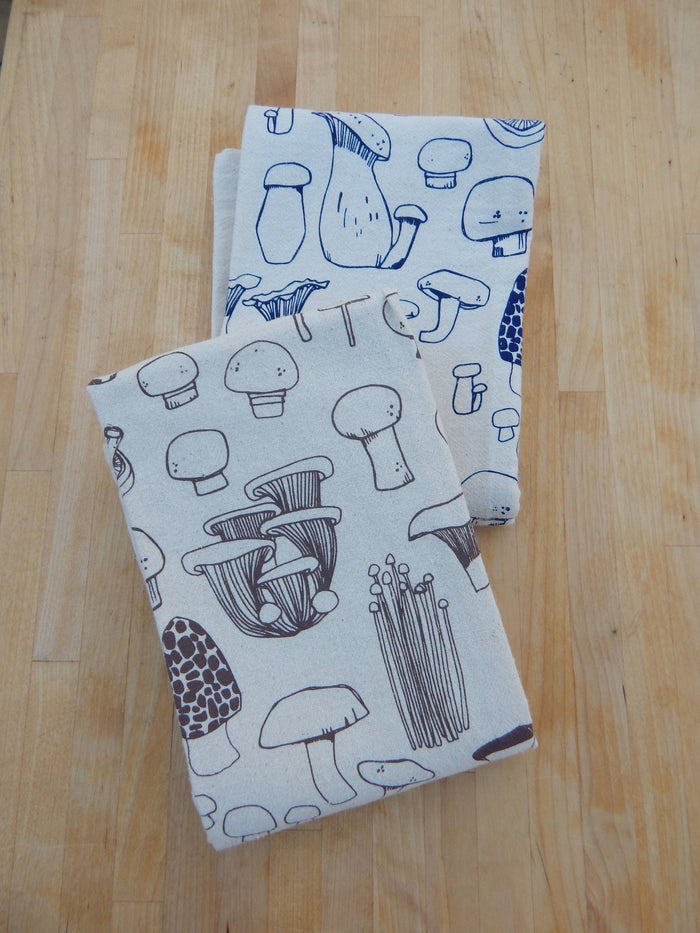 Mushroom Tea Towel, Handprinted Kitchen Towel, Mushrooms: Taupe