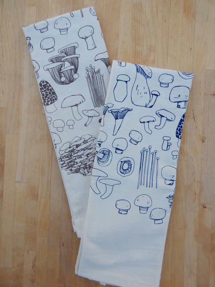 Mushroom Tea Towel, Handprinted Kitchen Towel, Mushrooms: Taupe