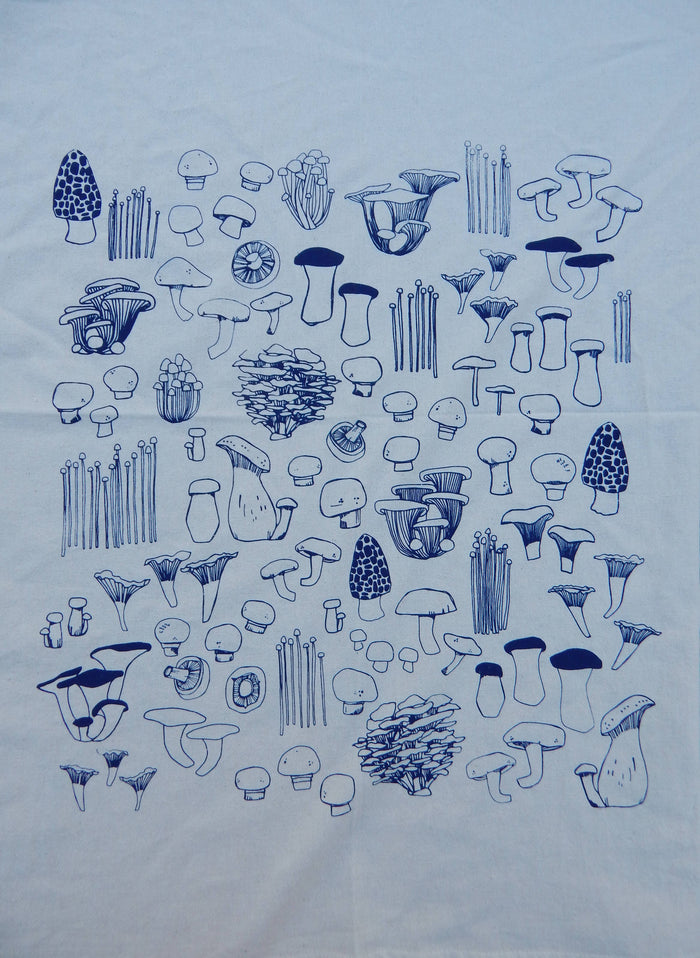 Mushroom Tea Towel, Handprinted Kitchen Towel, Mushrooms: Taupe