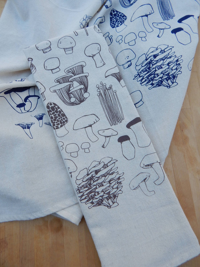Mushroom Tea Towel, Handprinted Kitchen Towel, Mushrooms: Taupe