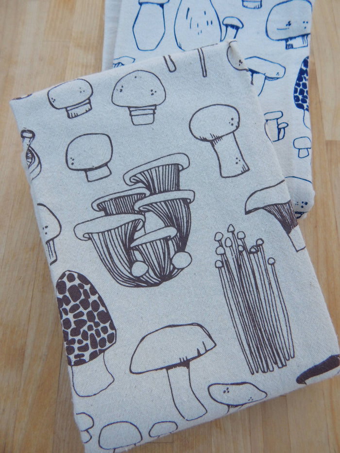 Mushroom Tea Towel, Handprinted Kitchen Towel, Mushrooms: Taupe