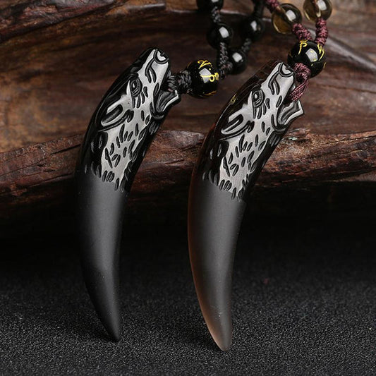 Obsidian Wolf Tooth Pendant Necklace