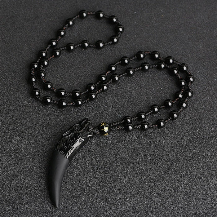 Obsidian Wolf Tooth Pendant Necklace
