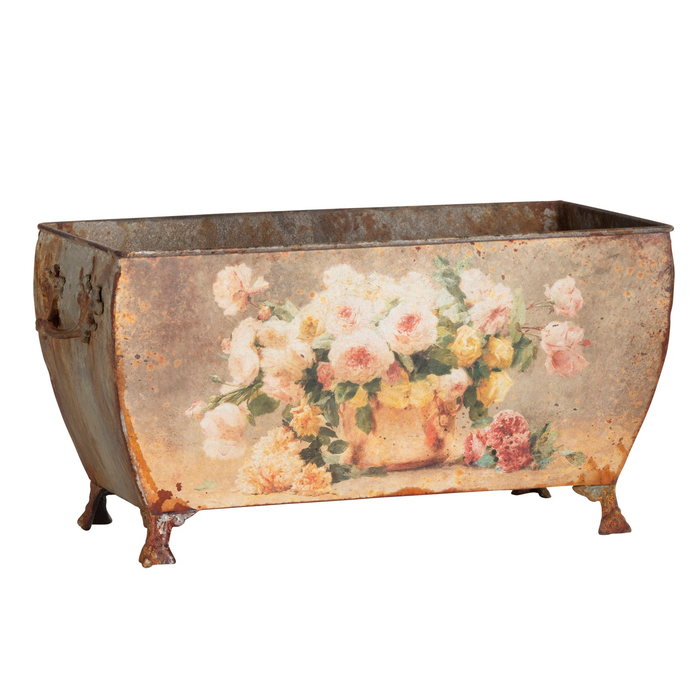 distressed floral container,
vintage trellis planter,
decorative flower box,
gathered rose centerpiece,
shabby chic metal container,
tole garden decor,
romantic planter box,
French cottage planter