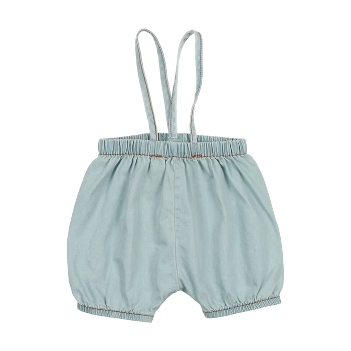one piece bubble suspender short - chambray