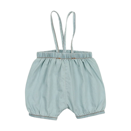one piece bubble suspender short - chambray