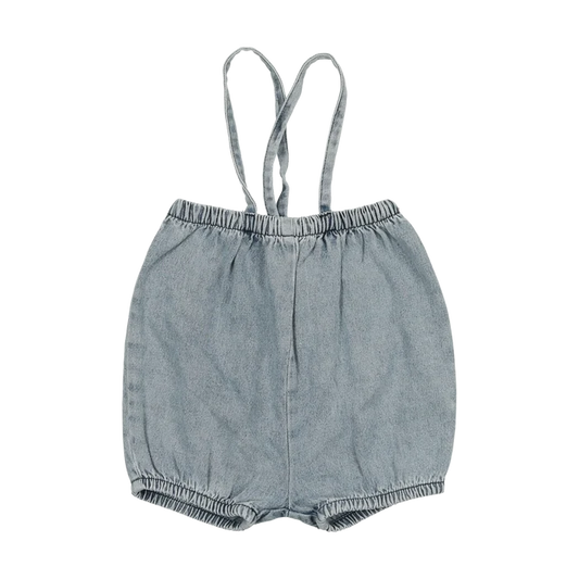 one piece bubble suspender short - light wash