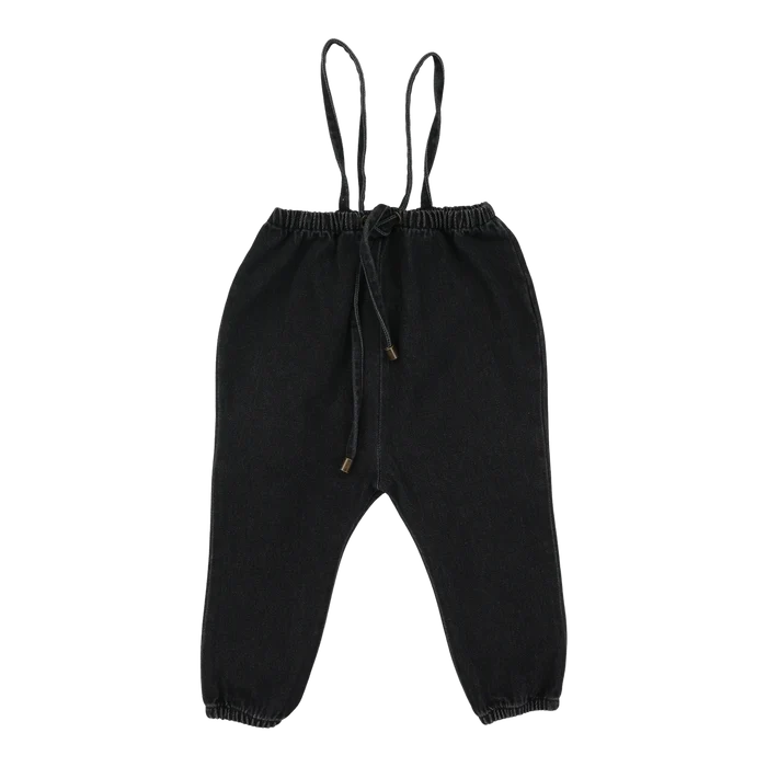 one piece bubble suspenders long - black denim