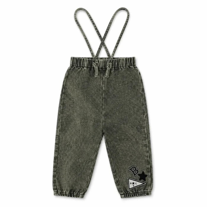 one piece denim patch long overalls - green wash