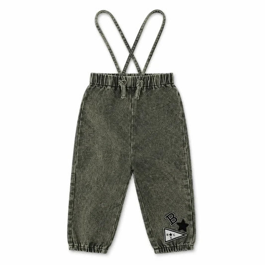 one piece denim patch long overalls - green wash