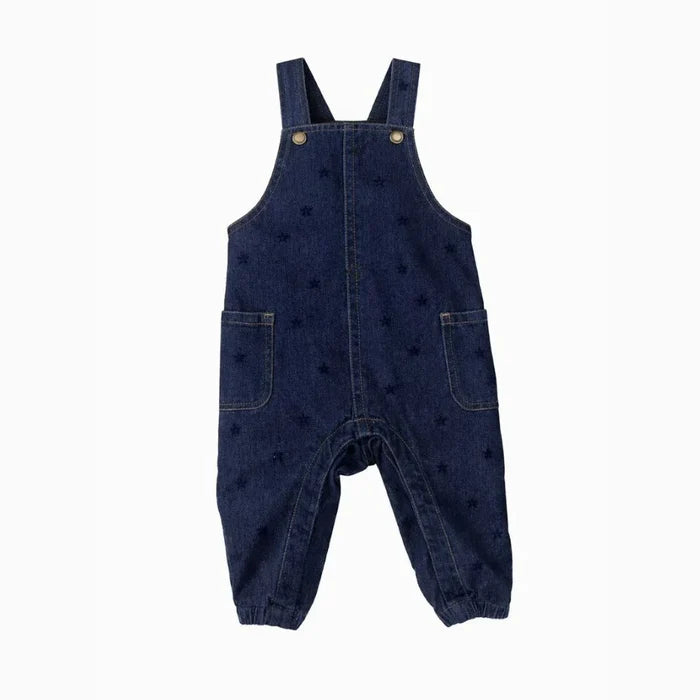 one piece denim star printed pocket overalls - blue stars