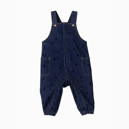 one piece denim star printed pocket overalls - blue stars