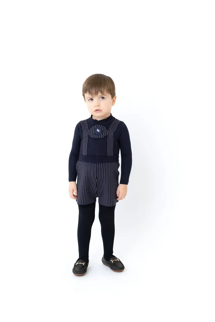 one piece knit pinstriped short overalls - navy/grey