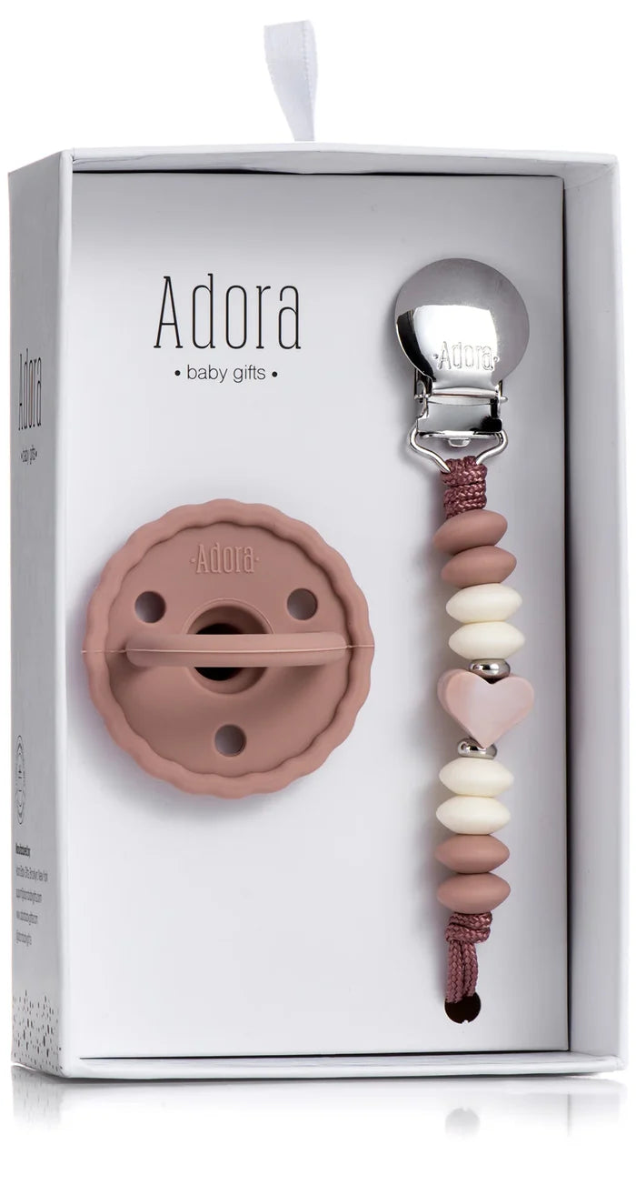 pacifier clip set scalloped - mauve heart
