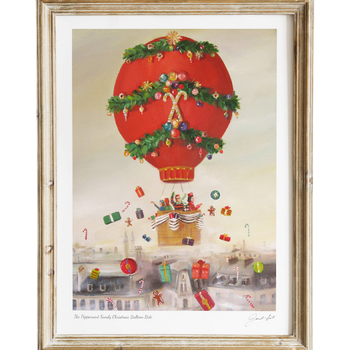 Janet Hill art print, Christmas balloon ride print, Peppermint Family print, holiday wall art, whimsical Christmas decor, vintage holiday artwork, fine art paper print, 8.5x11 holiday art, Epson Ultrachrome print, collectible Janet Hill print