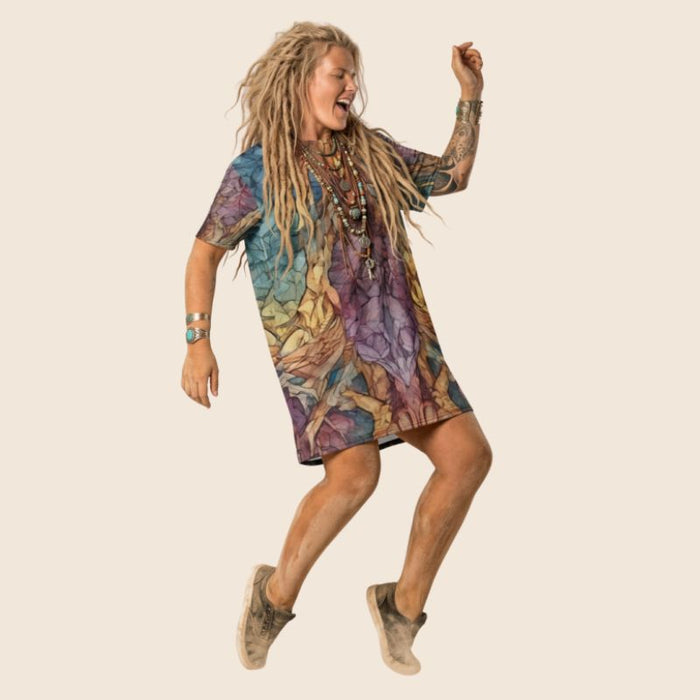 Rainbow Art Inspired Oversized T-Shirt Dress | All-Over Print | Women's Loose Fit