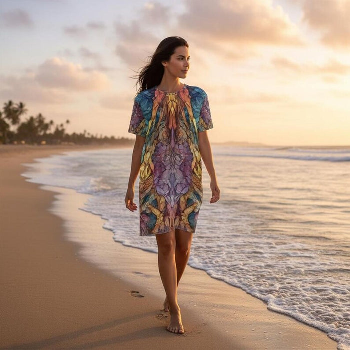 Rainbow Art Inspired Oversized T-Shirt Dress | All-Over Print | Women's Loose Fit