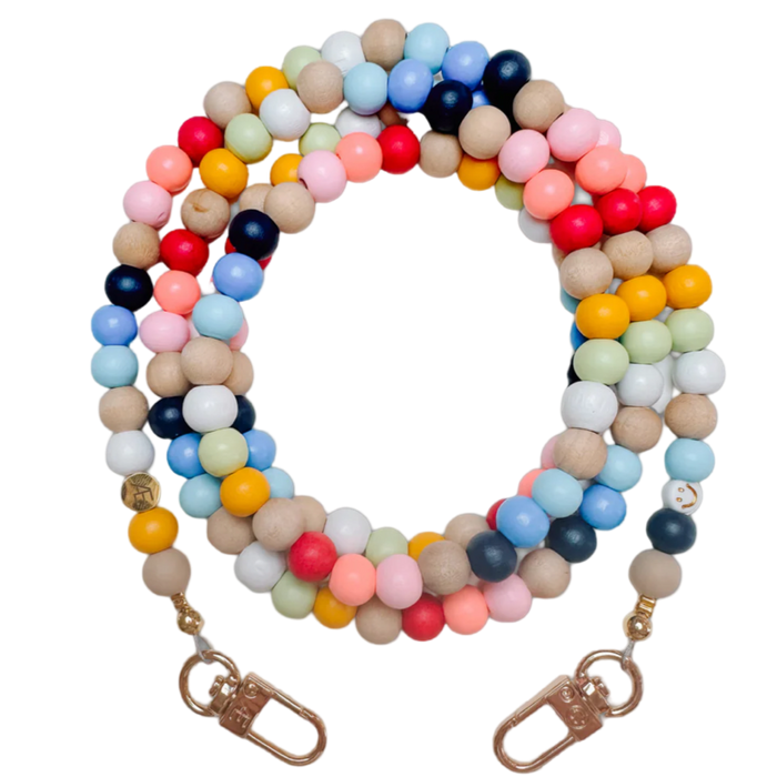 Rainbow phone strap, wooden bead crossbody, iPhone accessory, colorful phone strap, detachable phone strap, fun phone holder, smiley face phone strap