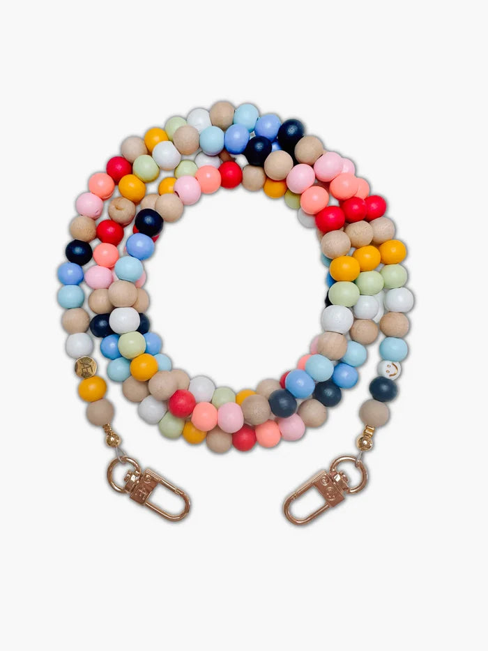 Rainbow phone strap, wooden bead crossbody, iPhone accessory, colorful phone strap, detachable phone strap, fun phone holder, smiley face phone strap
