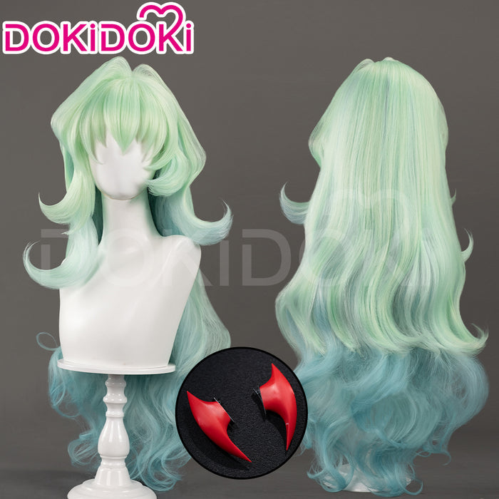 【Ready For Ship】DokiDoki Anime Cosplay Scantty Cosplay Wig Long Curly Light Dark Green Gradient Hair /  Horn