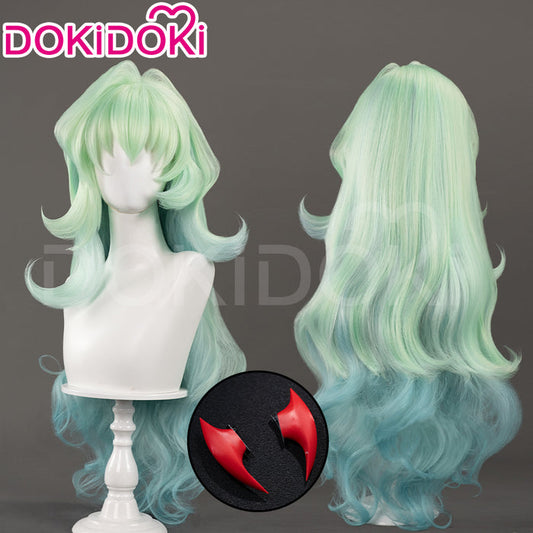 【Ready For Ship】DokiDoki Anime Cosplay Scantty Cosplay Wig Long Curly Light Dark Green Gradient Hair /  Horn