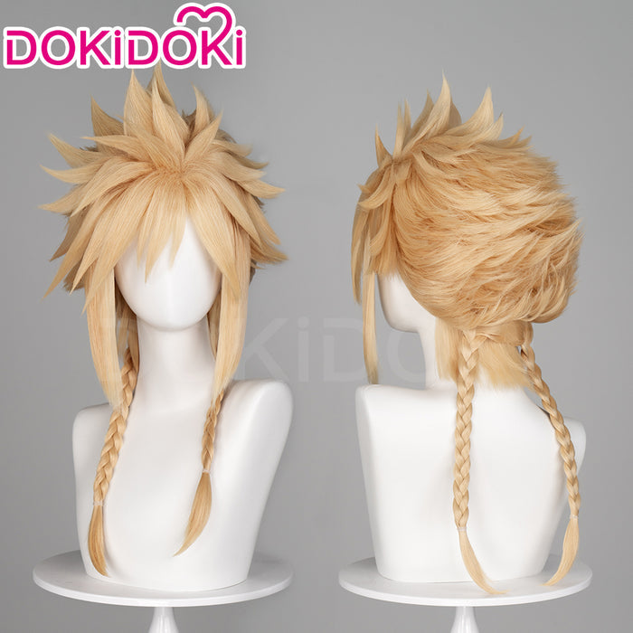 【Ready For Ship】DokiDoki Game Cosplay Clloud Wig Short Straight Blonde Hair Double Ponytail Braid Dress