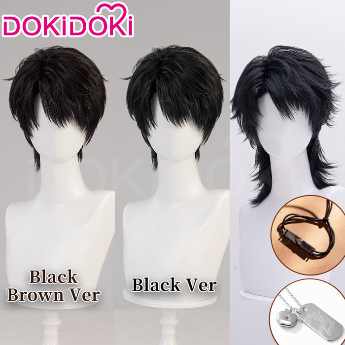 【Ready For Ship】DokiDoki Game Love And Deepspace Cosplay Caleb Wig / Necklace / Bracelet Short Straight Black Brown Hair Mullet Cosmic Horizon Wolf Cut