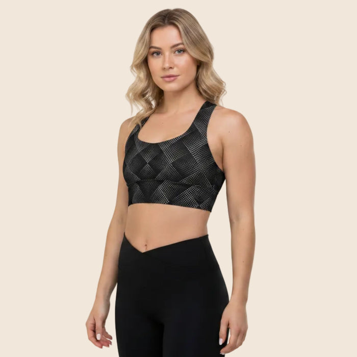 Recycled Longline Sports Bra, Optical Illusion Design, Workout Top