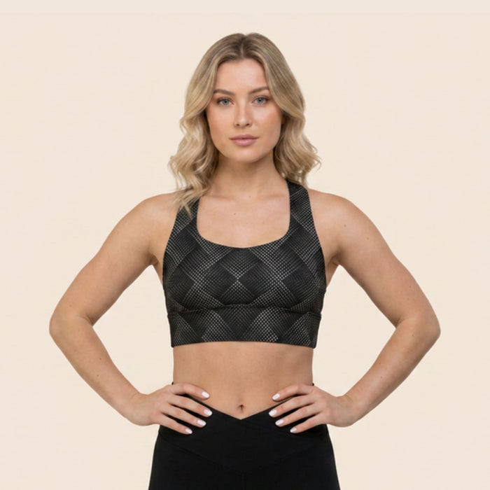 Recycled Longline Sports Bra, Optical Illusion Design, Workout Top