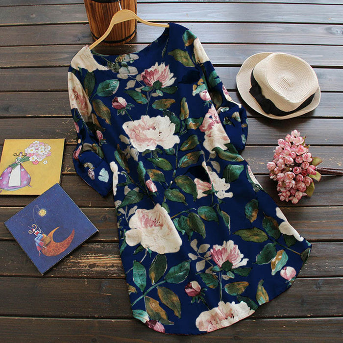 Retro Floral Dress with Long Sleeves