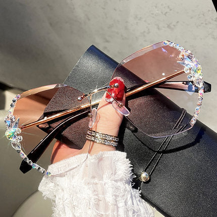 Rimless Gradient Lens Rhinestone Sunglasses