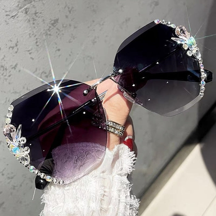 Rimless Gradient Lens Rhinestone Sunglasses