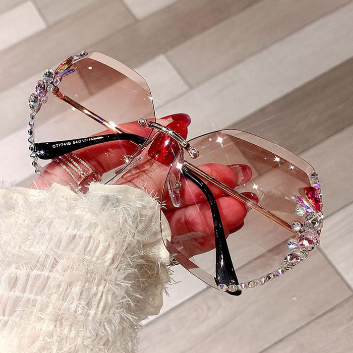 Rimless Gradient Lens Rhinestone Sunglasses
