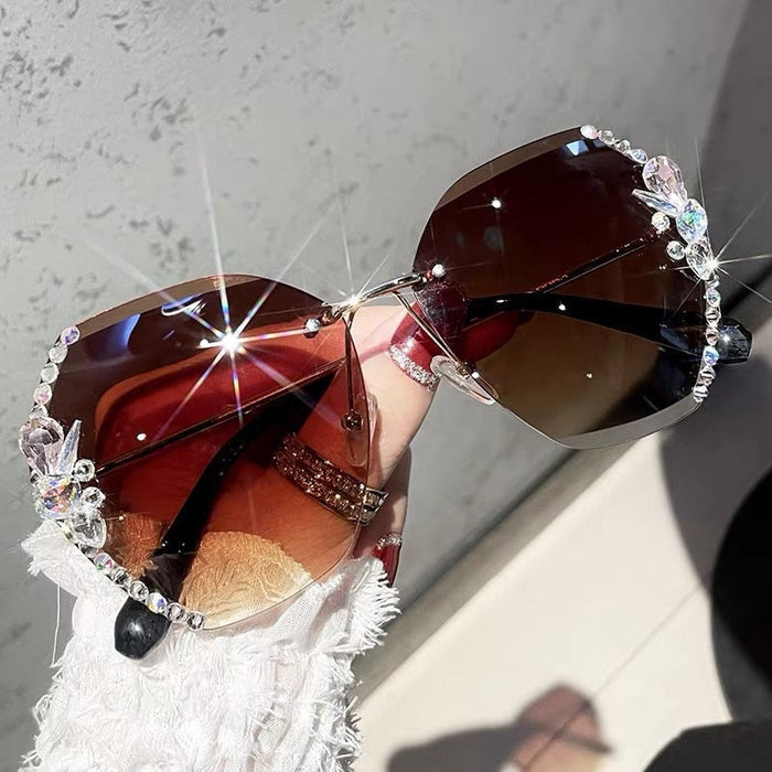 Rimless Gradient Lens Rhinestone Sunglasses