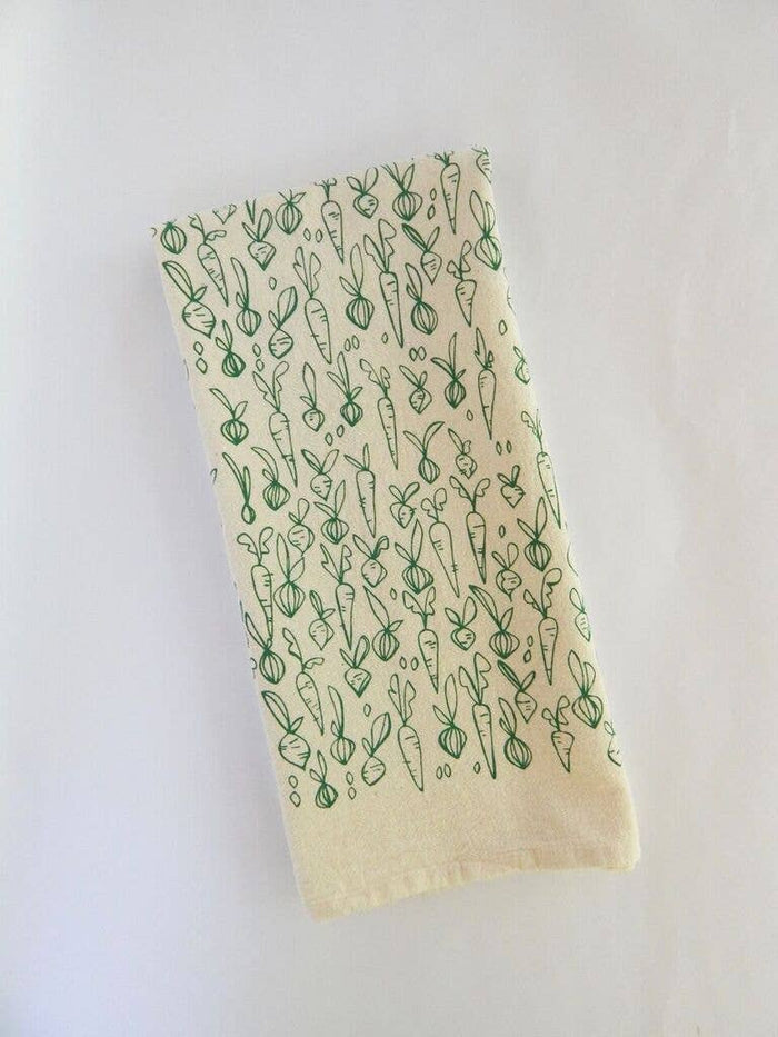Root Vegetable Kitchen Towel, Garden Tea Towel, Veggie Print: Green on Natural